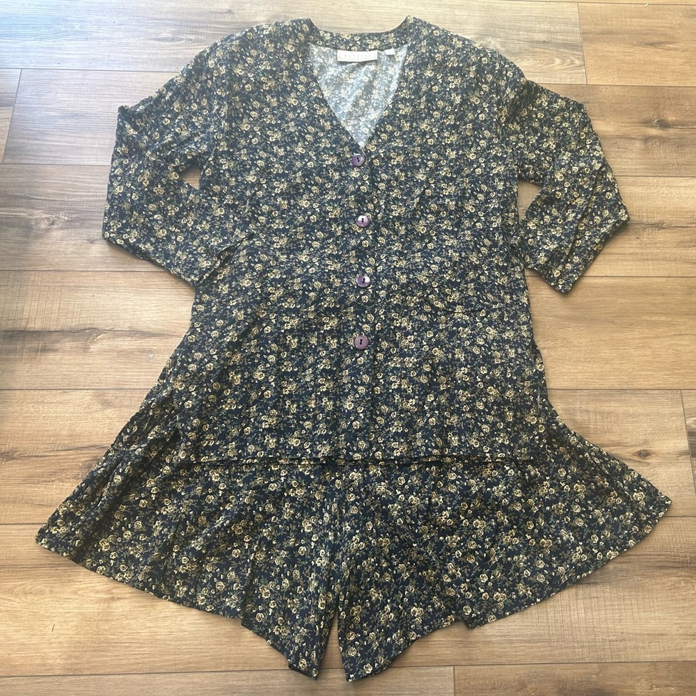 Vintage 90s Express Navy Floral Button Jacket & Shorts Set Rayon M L